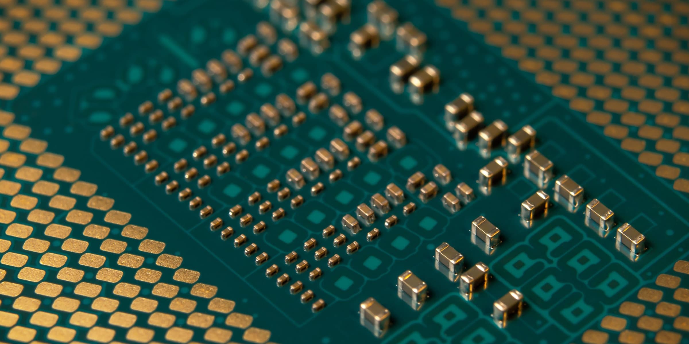 Underside of a microprocessor with gold contacts